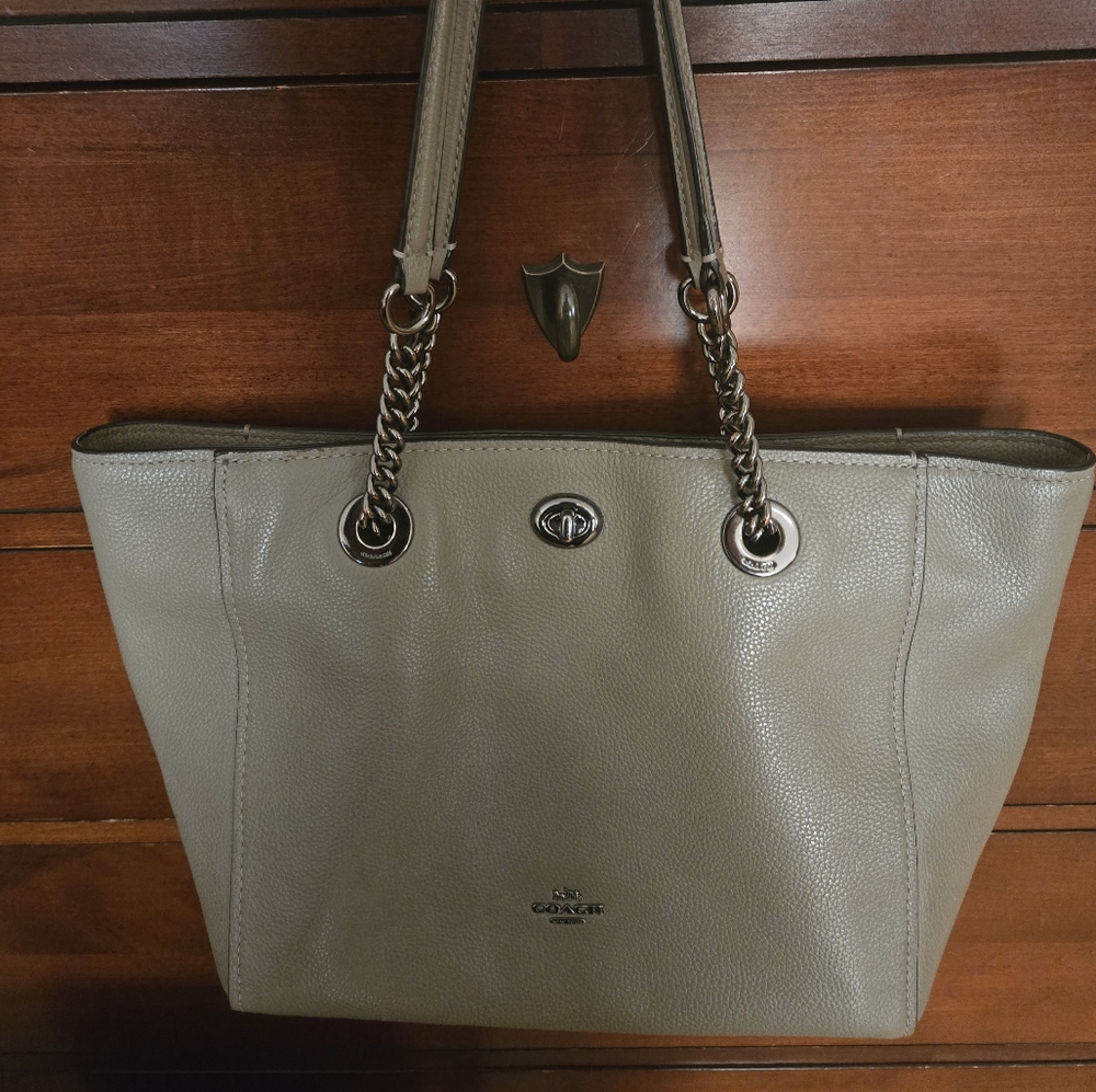 Coach Beige Leather Tote with Chain Handles